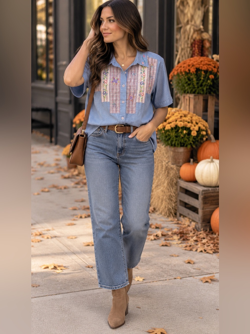Vintage Stephanie Floral Embroidered Patchwork Shirt – Blue – Size M